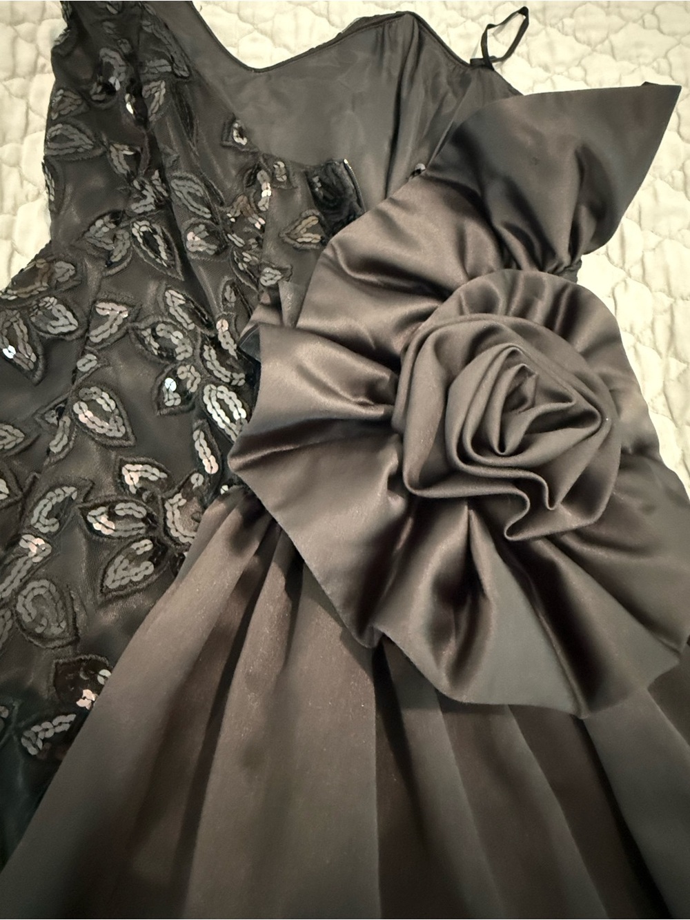Jessica McClintock Black Floral Appliqué Satin Rosette Dress for Girls